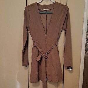 Timing Taupe Long Sleeve V-Neck Belted Dress
